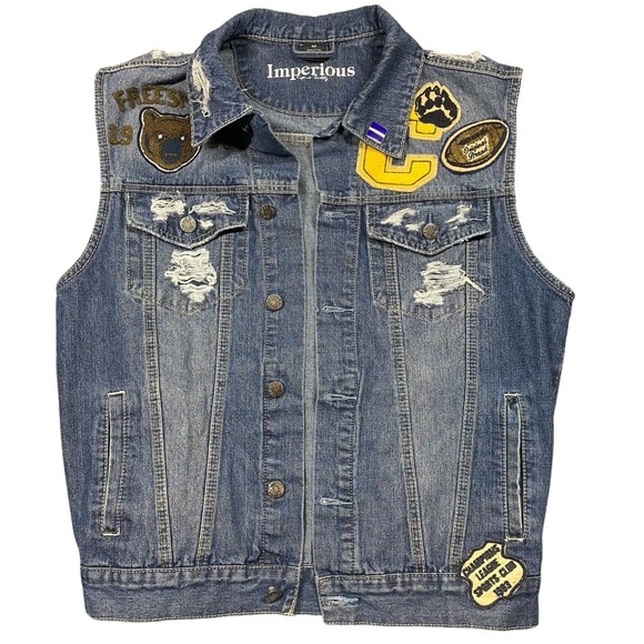 Y2K Imperious Denim Vest Size M Blue‎ Medium Washed Distressed Jean Vest Patches - Picture 1 of 11